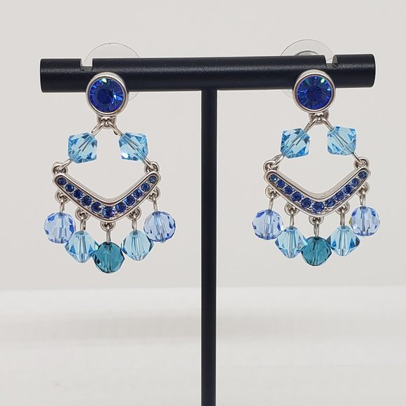 Swarovski Crystal Blue Chandelier Dangle Drop Silver Post Earrings - Picture 3 of 12